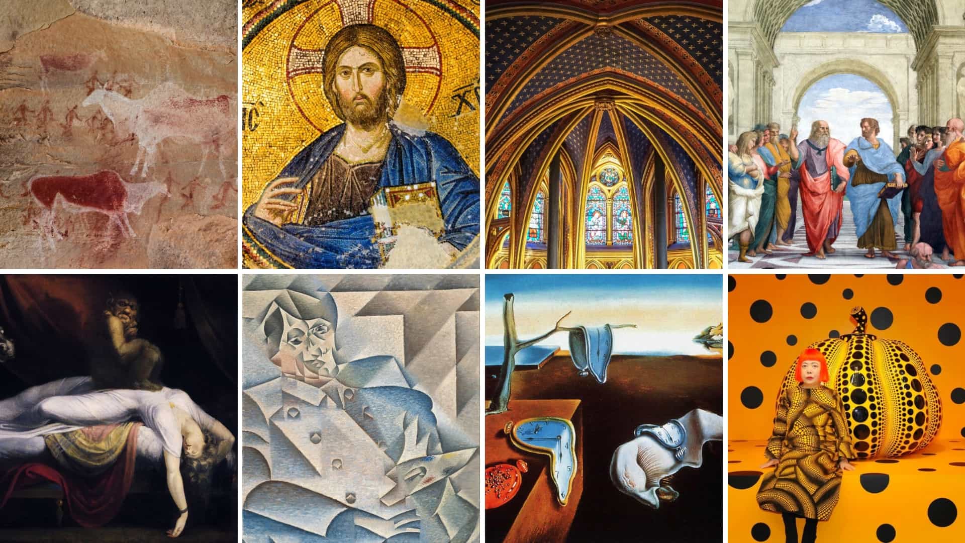 Collage of art history works from cave paintings and Byzantine mosaics to Picasso, Dali and Kusama