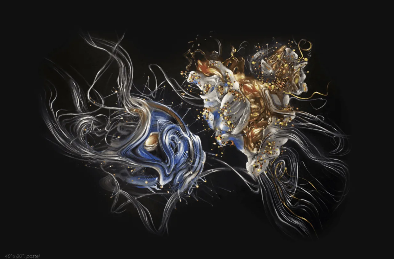 Digital painting of intertwined blue and gold filament forms resembling jellyfish on black