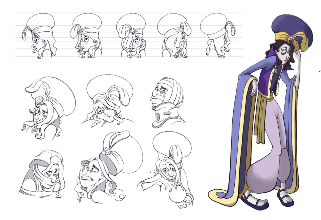 Character design sheet with expression studies and full-body turnaround of a woman in purple robes
