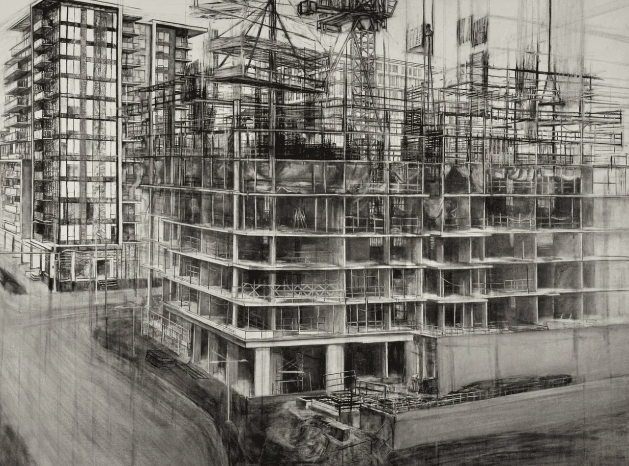 Detailed charcoal drawing of a high-rise construction site with cranes and scaffolding
