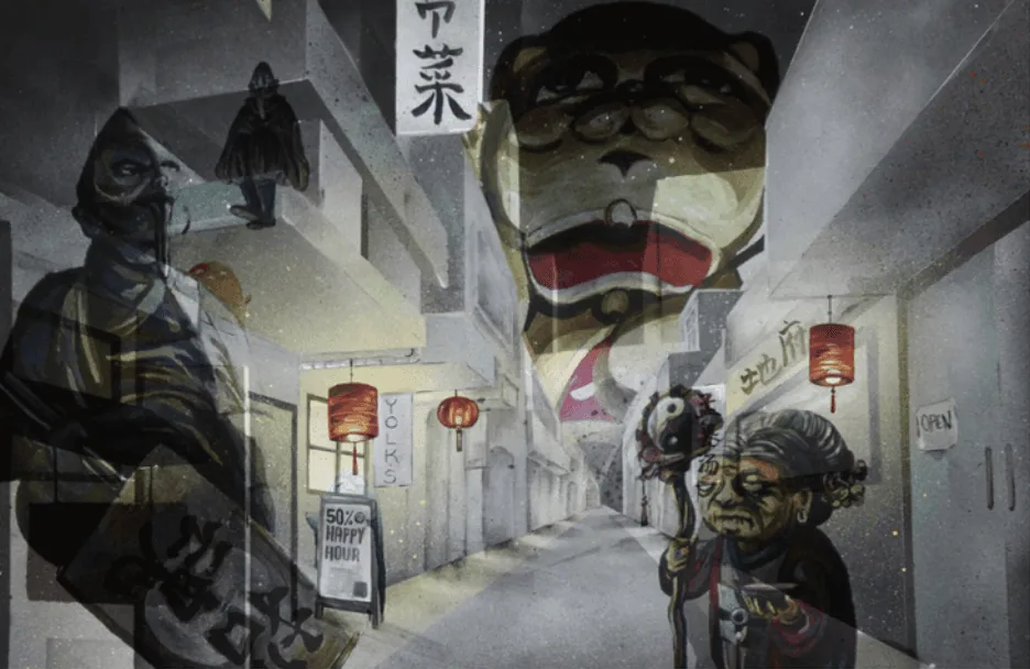 Illustration layered over a Chinatown alley photo with red lanterns and a snarling cartoon tiger