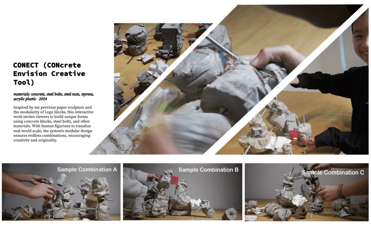 CONECT student project board showing modular concrete building blocks and sample combinations
