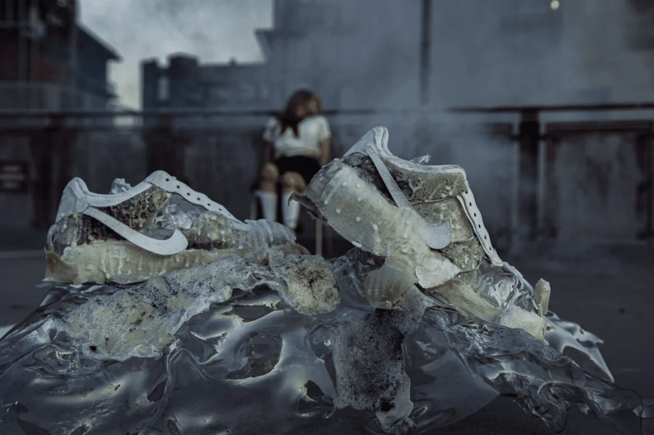 Deconstructed sneaker sculpture combining laced soles, hardware and a red heart-logo patch