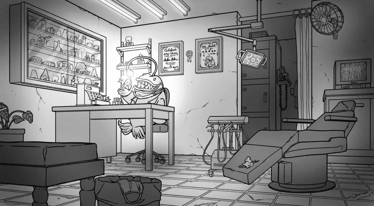 Grayscale animation background of a retro dentist's office with exam chair and cartoon posters