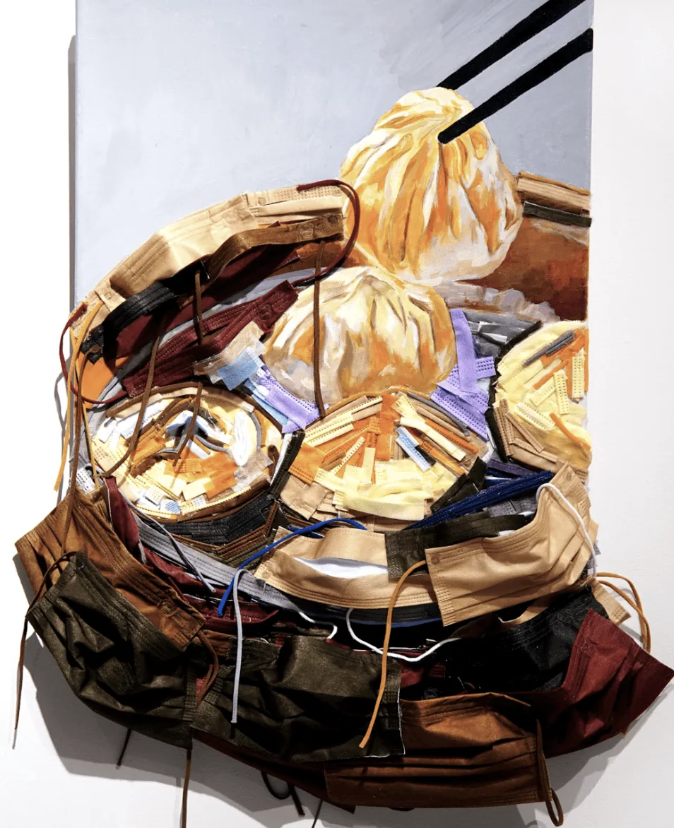 Sculptural painting of dim sum with soup dumplings and steamer baskets bursting from the canvas