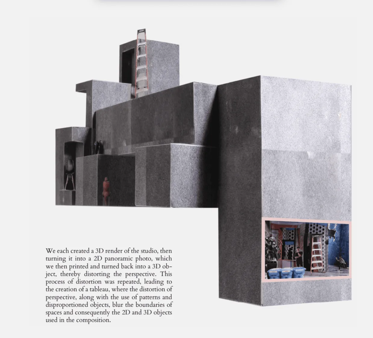 Distorted-perspective architectural model translating a 3D studio render into a sculptural object
