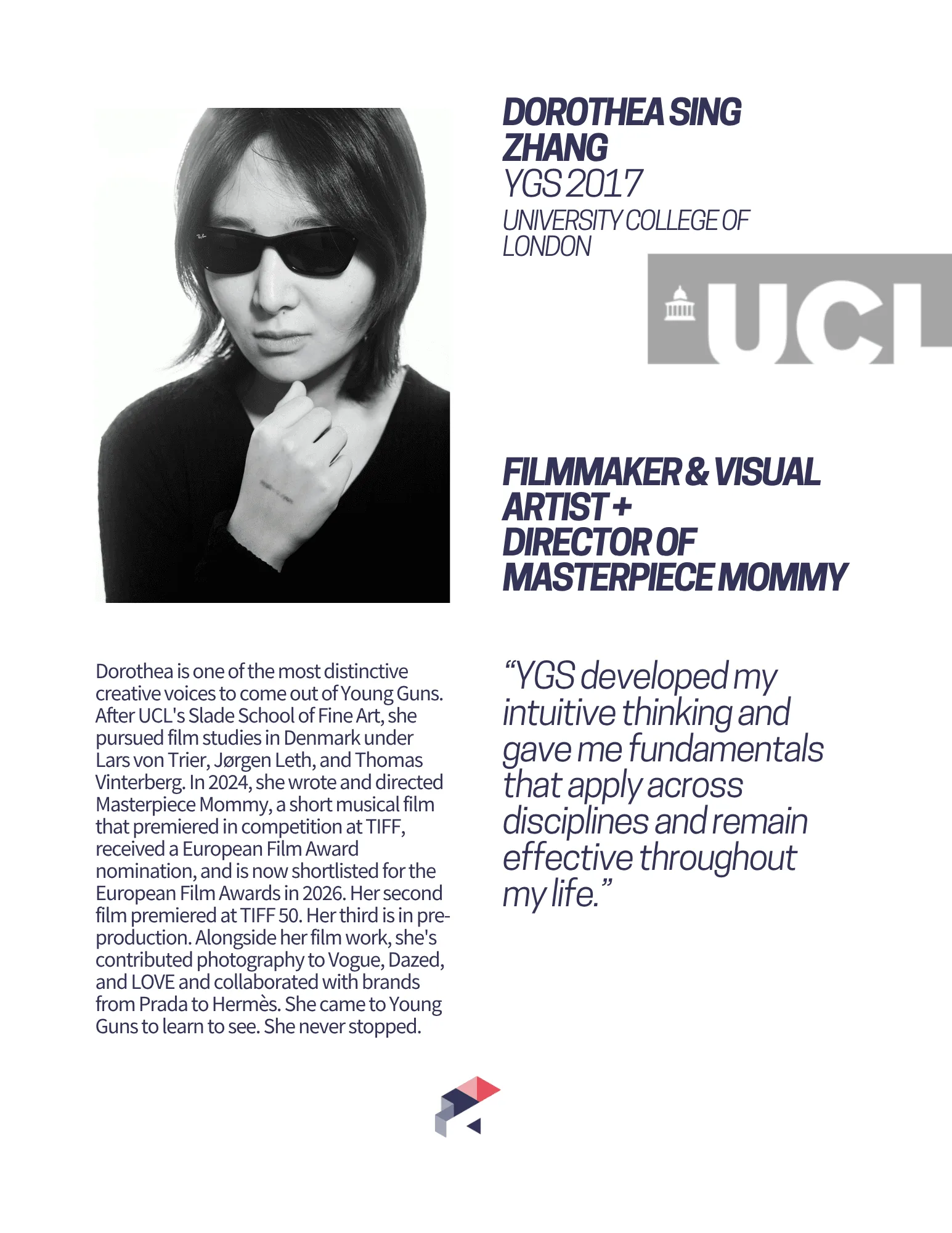 Alumni profile card: Dorothea Sing Zhang, YGS 2017, UCL, filmmaker and visual artist, director of Masterpiece Mommy