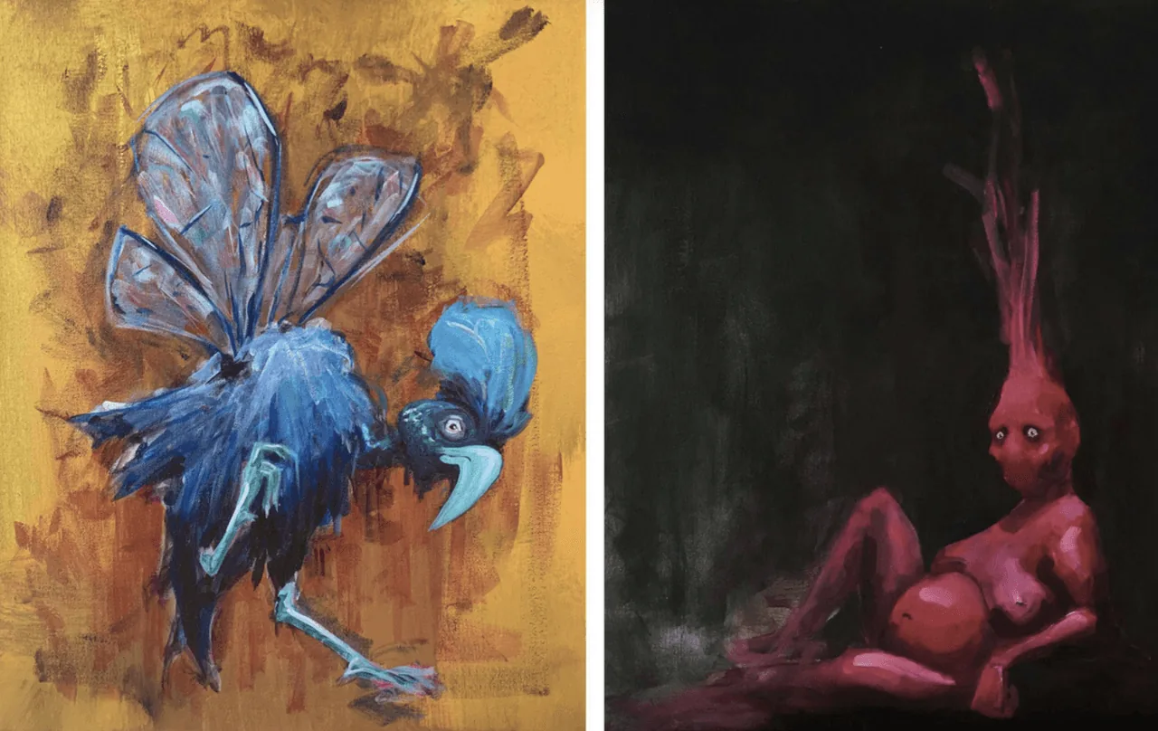 Two expressive student paintings: a blue winged bird skeleton on gold, and a crimson seated figure