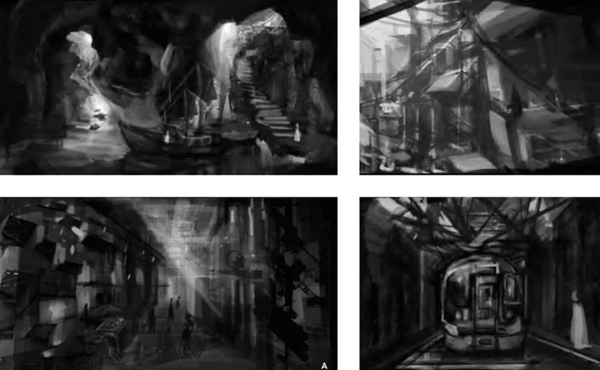 Four grayscale environment concept sketches: cave stairway, city streets and a subway train