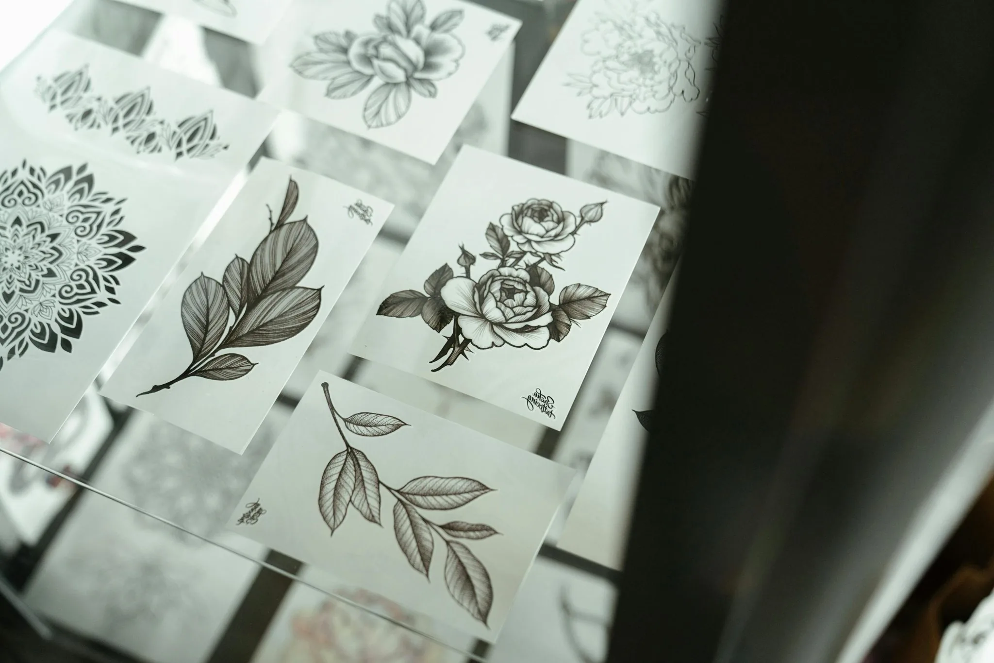 Black ink botanical and mandala drawings arranged under a glass tabletop