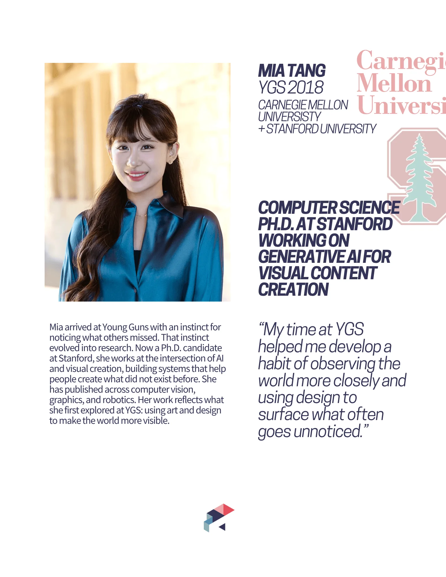 Alumni profile card: Mia Tang, YGS 2018, Carnegie Mellon and Stanford, computer science Ph.D. working on generative AI