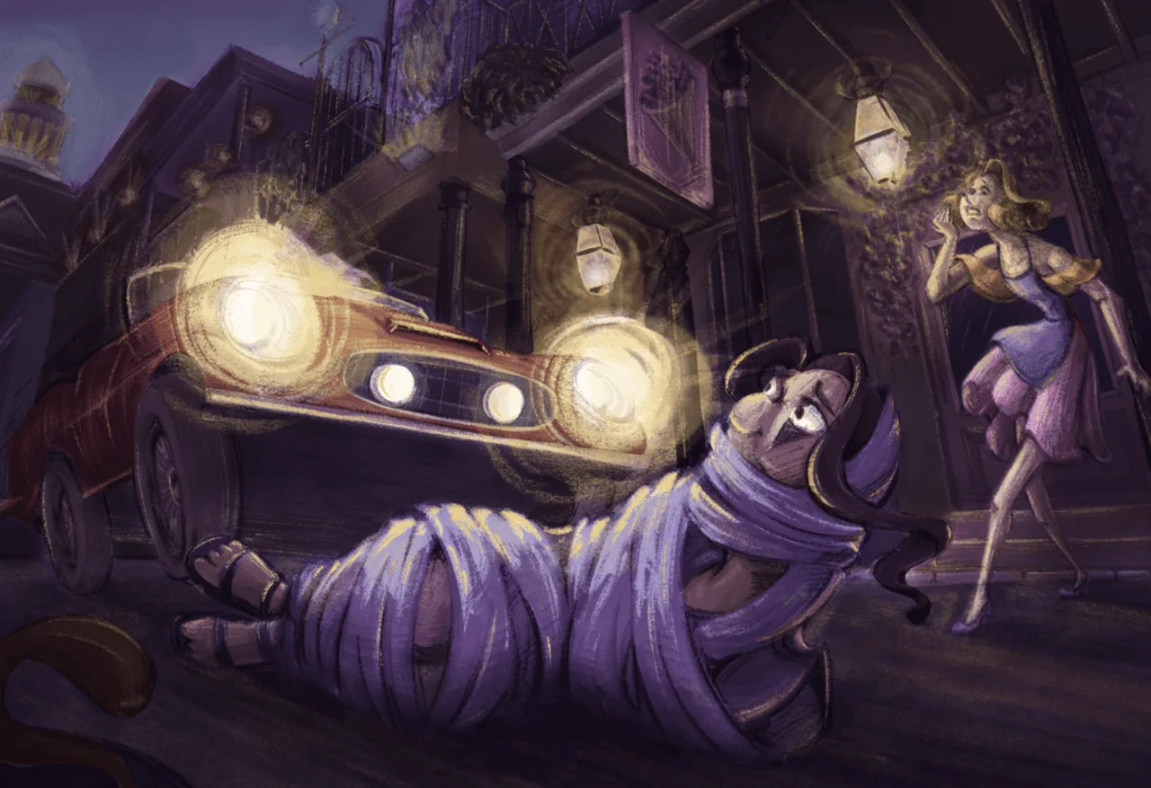 Stylized night street scene of a mummy-wrapped character sprawled before a glowing vintage car