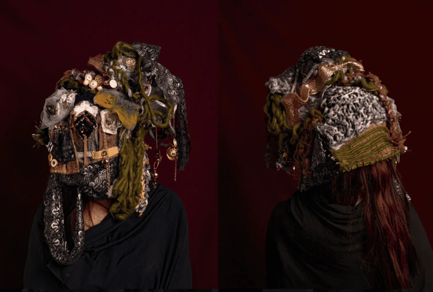 Student artwork: ornate wearable headdress of woven textiles, beads and found objects, shown from front and back