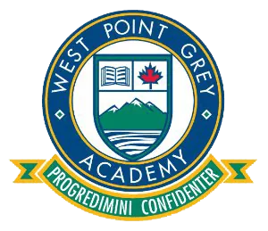 West Point Grey Academy crest with mountains and maple leaf